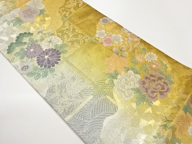 道長取り・花々に波・格子模様織出し袋帯